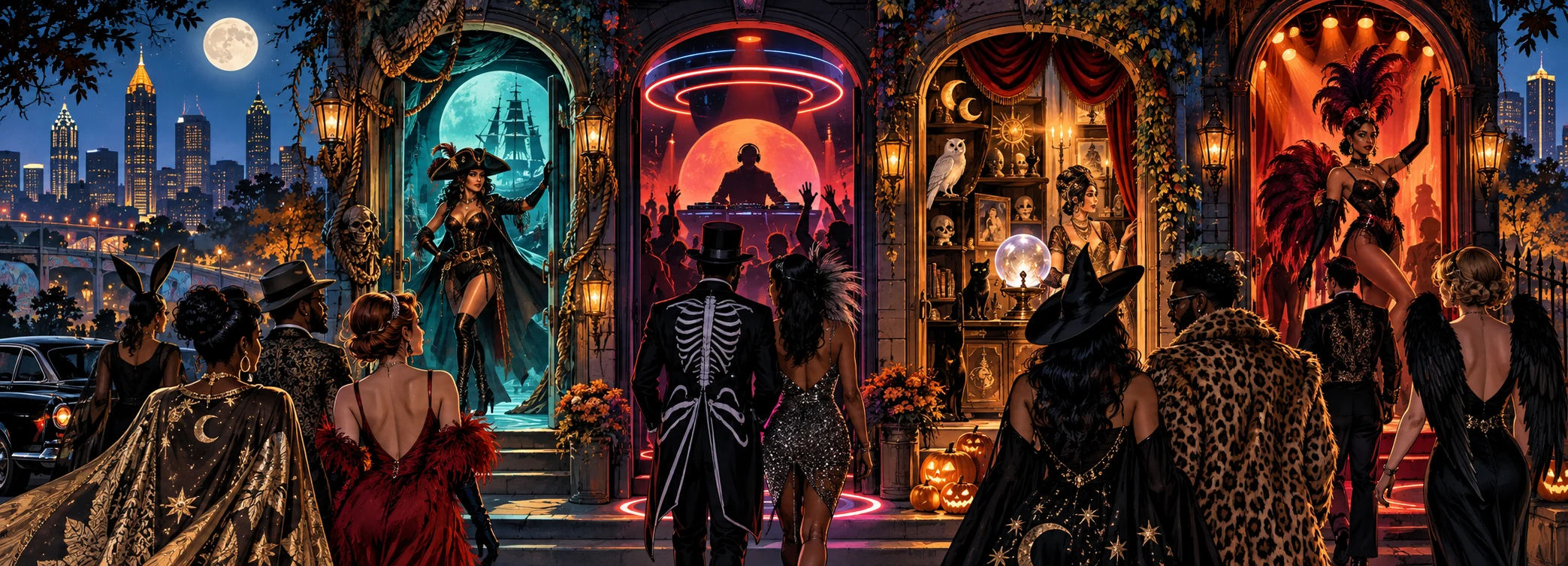 AI-generated Atlanta Halloween illustration of costumed adults approaching imaginary pirate, DJ, curiosity and performance doorways