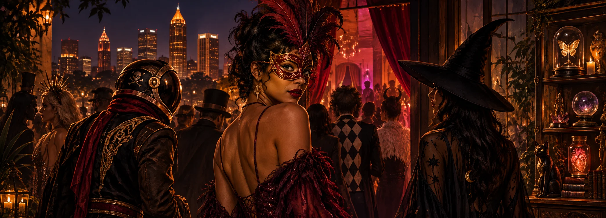 AI-generated Halloween nightlife illustration of a masked woman, costumed adults and a cabinet of glowing curiosities