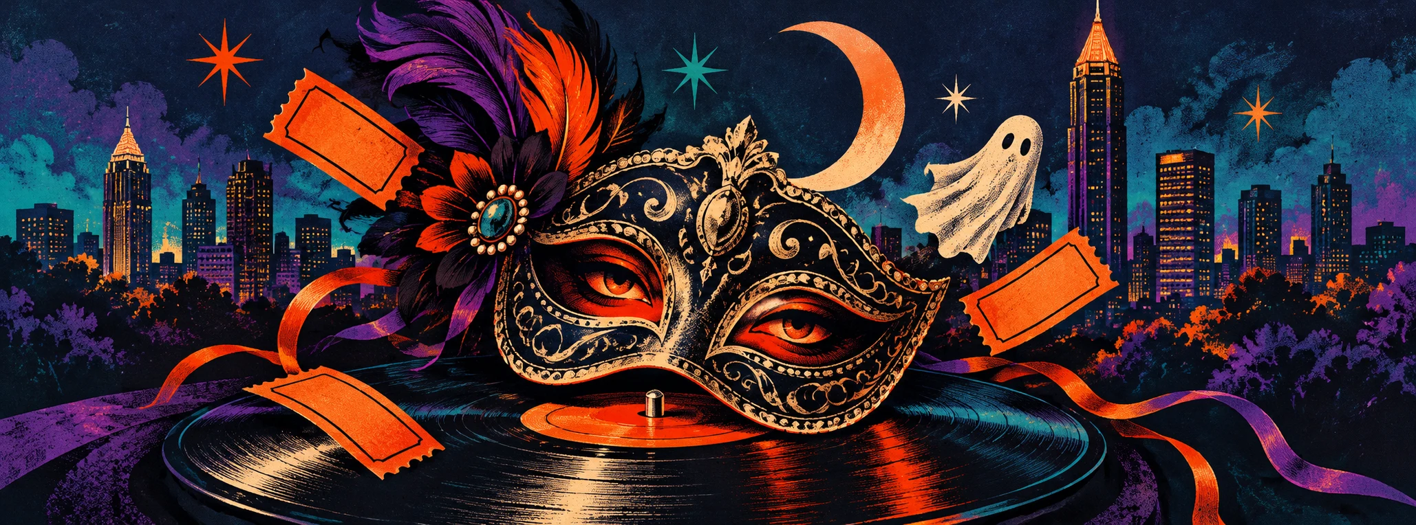 Editorial illustration of a masquerade mask, vinyl record and Halloween symbols above an imagined Atlanta skyline