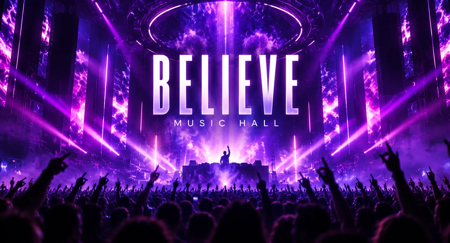 Generated nightlife artwork for Believe Music Hall